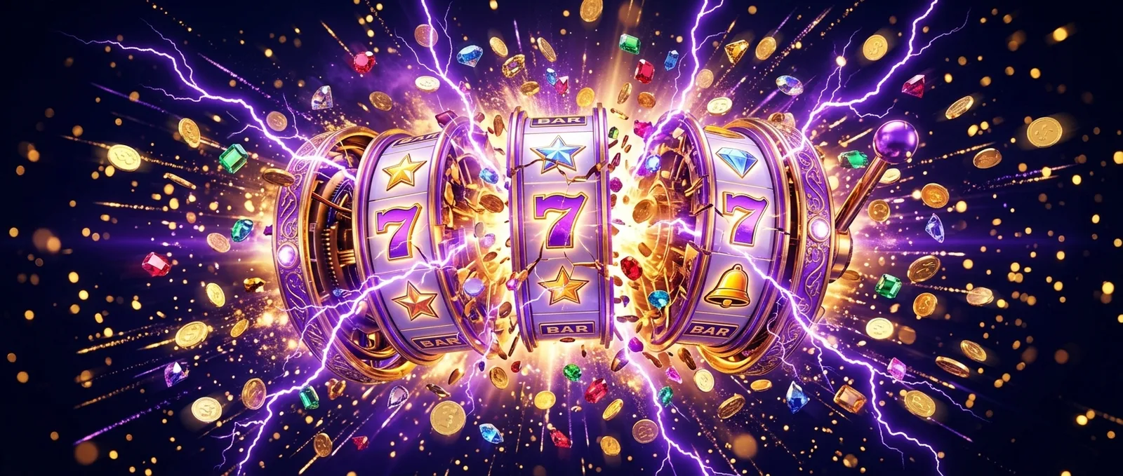 Lucky Nugget casino slot reels exploding with gold coins, gems and violet lightning
